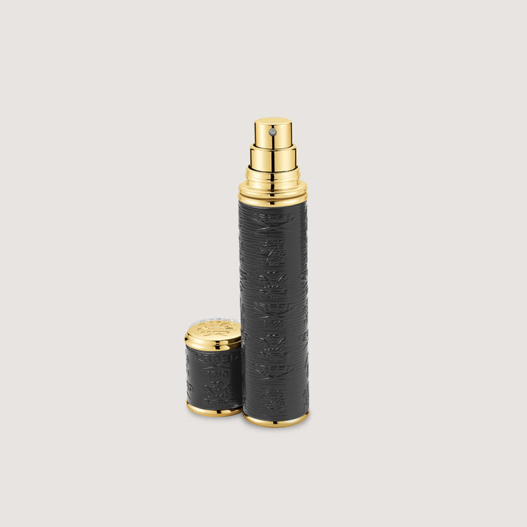 10ml atomizer with cap off, black with gold trim