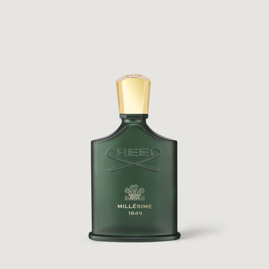 Millésime 1849 Deep Green Glass Eau de Parfum Bottle, Gold Cap - Front View | Creed Boutique