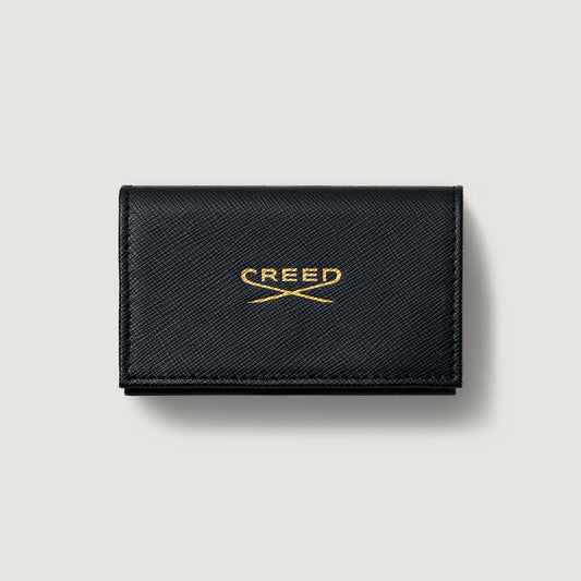 The front of the black leather sample wallet