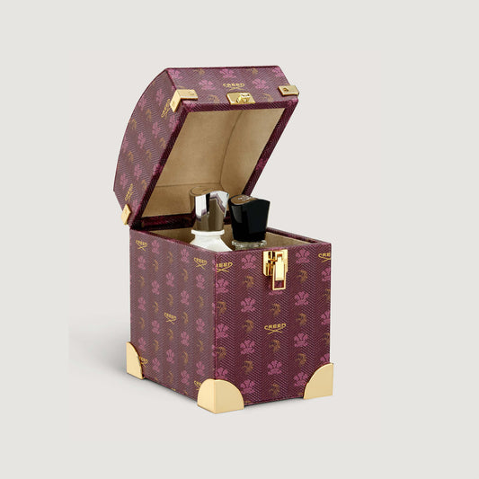 Burgundy Leather 100ml Trunk Open Lid with two fragrance bottles inside