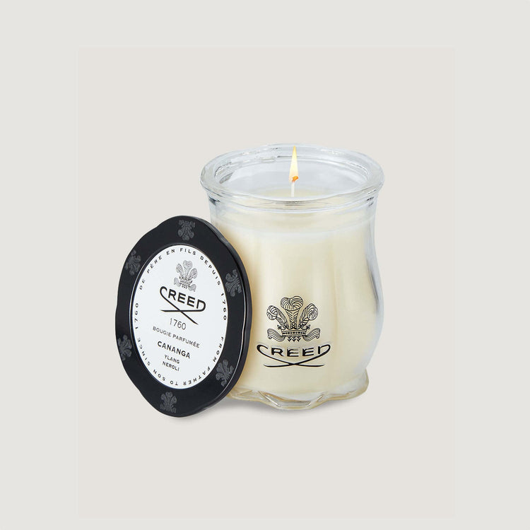 Cananga 200g Candle open with lid on the side Front View