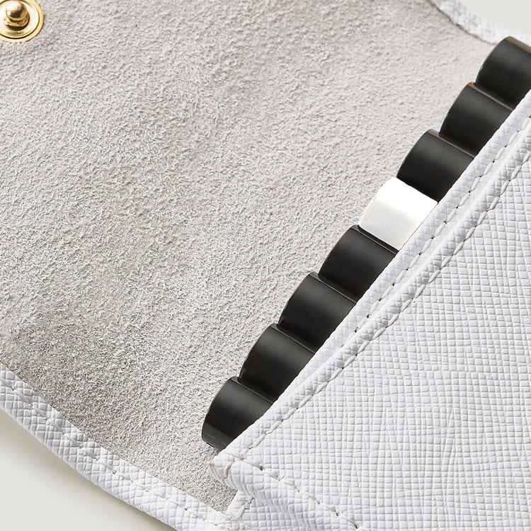 The white leather wallet opened showing the close ups of the samples