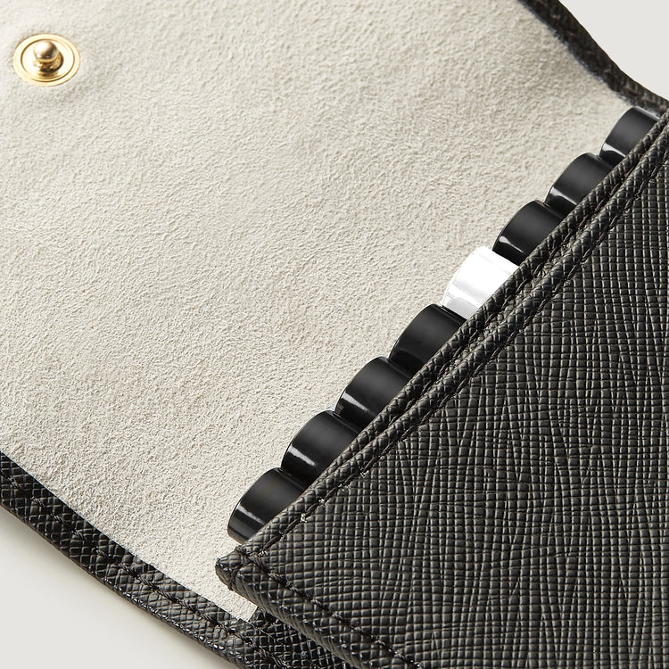Black leather wallet opened to show details of samples and inside of wallet