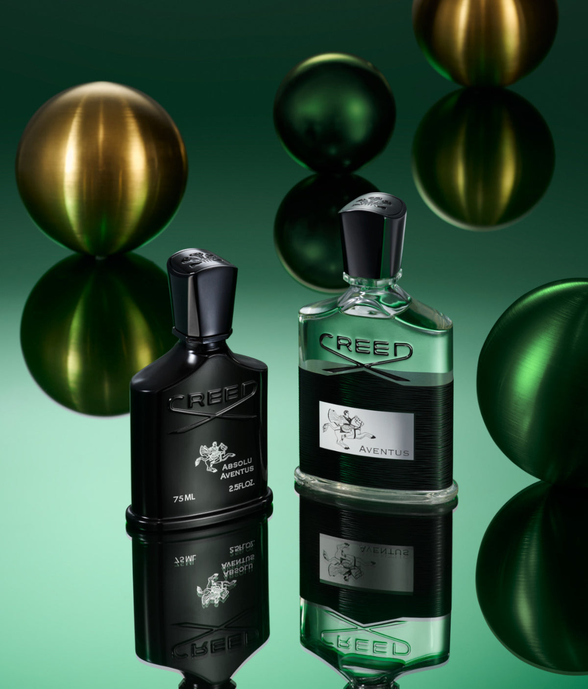 Absolu Aventus and Aventus bottles featuring gold and green ornaments.