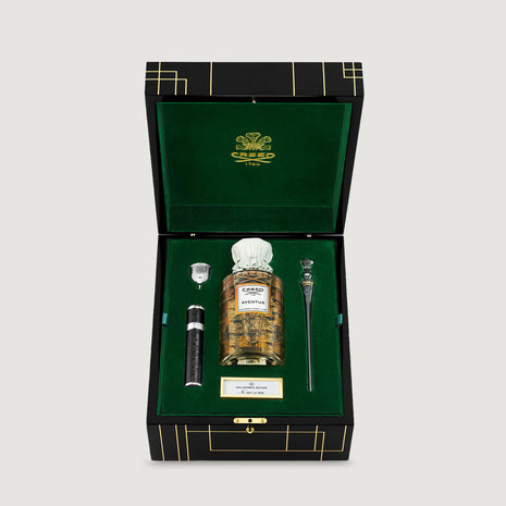 Black Lacquer Keepsake Trunk Open - Aventus 490ml Flacon, Pipette & Travel Atomizer Set | Creed Boutique