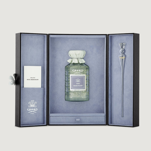 Iris Debonair Première Édition 240ml Flacon in Open Black Velvet Collector's Box with Glass Pipette - Flat Lay | Creed Boutique