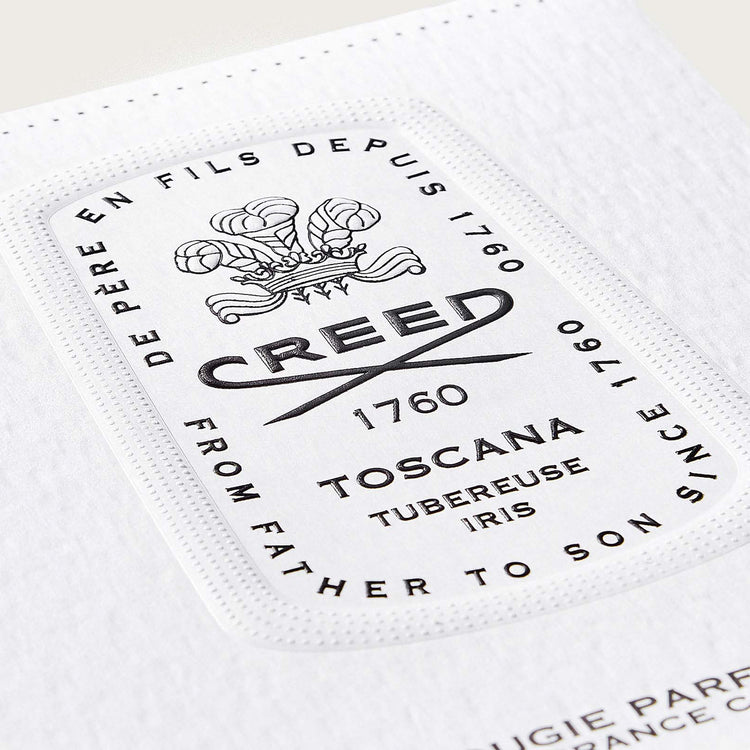 Toscana Candle box close up on Creed